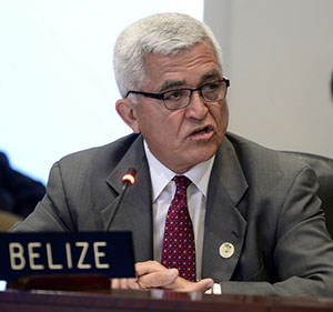Belize Ambassador to the OAS, Patrick Andrews, speaks to the Special Meeting, on behalf of the seven CARICOM countries – Antigua and Barbuda, Bahamas, Barbados, Belize, St. Kitts-Nevis, St. Lucia, and St. Vincent and the Grenadines. Photo credit: OEA/OAS.