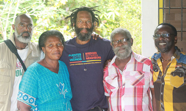 Left to right: Mello Ayo, Mama Kofi, Michael St. George, Dr. Anthony Kofi, a retired university professor, and Owen 'Blakka' Ellis in Ghana in 2015. Photo credit: Michael St. George.