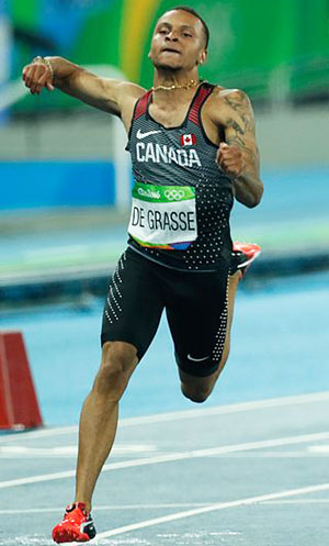 Andre De Grasse sprinting at the 2016 Olympics in Brazil.Photo credit: Fernando Frazão/Agência Brasil.