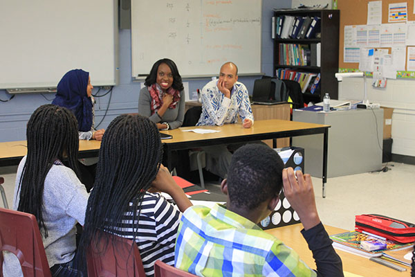 Mitzie Hunter, Ontario Education Minister, interacts with some high school students.