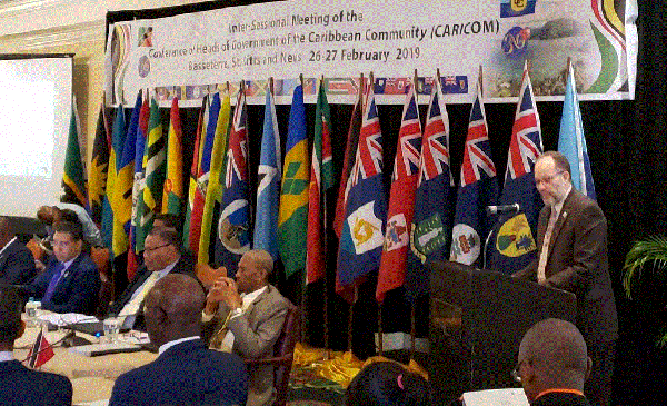 CARICOM Secretary General, Irwin La Rocque, addresses the grouping's 30th. Inter-sessional summit, being held in St. Kitts and Nevis. Photo credit: CARICOM.