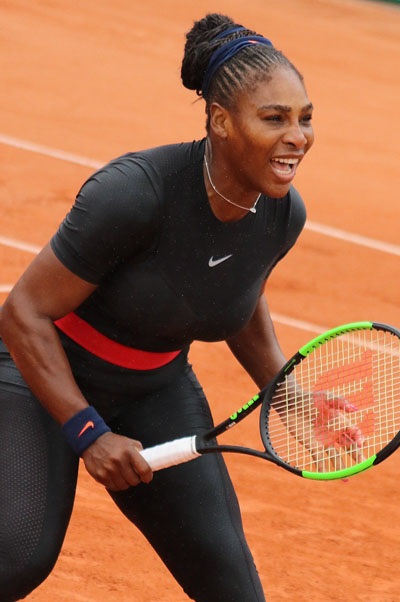 Serena Williams -- wearing her controversial catsuit -- at the French Open in 2018. Photo credit: si.robi - Williams S. RG18 (17), CC BY-SA 2.0.