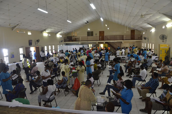The Sean Lavery Faith Hall in Savanna-La-Mar, Westmoreland, abuzz with activity last Sunday, as the Ministry of Health and Wellness carries out its mass coronavirus (COVID-19) vaccination blitz. Photo credit: Nickieta Sterling/JIS.