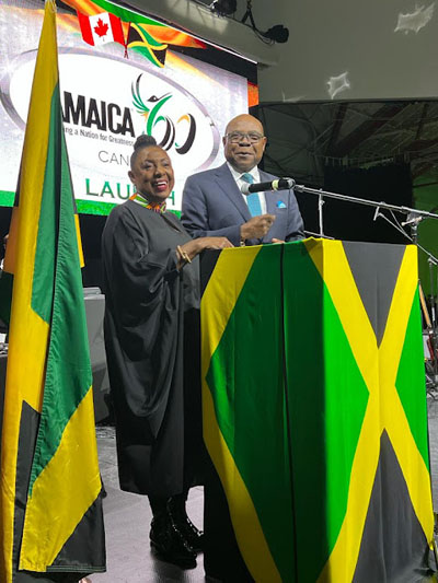 Olivia Grange, Minister of Culture, Gender, Entertainment and Sport, and Edmund Bartlett, Minister of Tourism, at the Jamaica 60 Canada Launch on March 26, at the Toronto Event Centre, Exhibition Place. Photo credit: Sophia Findlay.