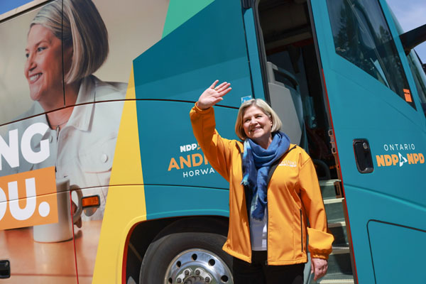 Ontario NDP leader, Andrea Horwath, waves to supporters at one of her campaign stops. Photo provided.