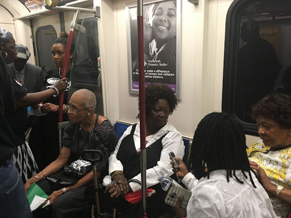 Former trailblazing politician and federal Minister, multiple-award-winning Dr. Jean Augustine, seen here being interviewed on a past Emancipation Day Underground Freedom Train Ride, will be the conductor on July 31, this year, from Union station to Sheppard West Station. On Dr. Augustine's right is former Toronto Head Librarian, Dr. Rita Cox; and on her left: former Ontario Education Minister, Zanana Akande. Photo credit: Neil Armstrong.
