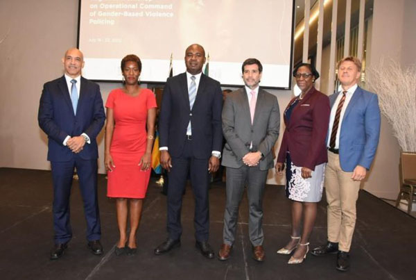 Minister of State in the Ministry of National Security, Zavia Mayne (third left), with (from left): Commissioner of Police, Major General Antony Anderson; Representative UN Women Multi-Country Office Caribbean, Tonni Brodber; Representative (acting), Jamaica Country Office, IDB, Lorenzo Escondeur; Principal Director, Gender Affairs, Ministry of Culture, Gender, Entertainment and Sport, Sharon Robinson; and Deputy Head of Delegation for the EU to Jamaica, Fredrik Ekfeldt, at the Regional Knowledge Exchange on Operational Command of Gender-Based Violence (GBV) five-day workshop. Photo contributed.