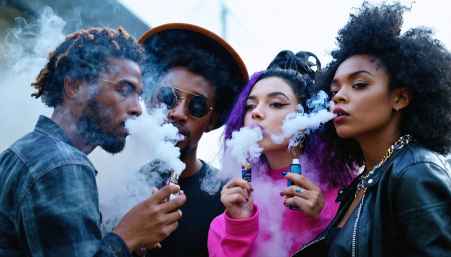 Members of the LGBTQ+ community enjoying vaping, highlighting diverse styles and identities.