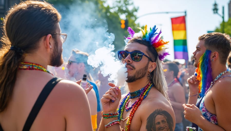 An inclusive vaping event at a pride parade with colorful decor and people mingling.