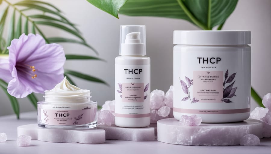 Diverse hands examining THCP cannabis product bottles on wooden table with pride flag in background