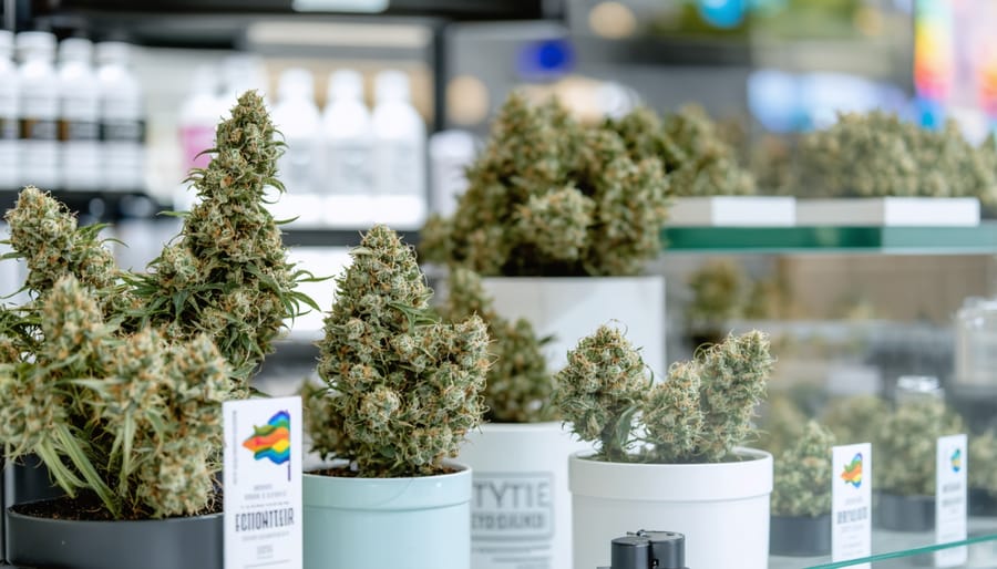 Interior of LGBTQ-friendly cannabis dispensary with pride decorations and welcoming staff