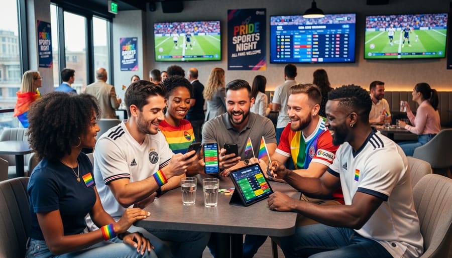 Two people enjoying mobile sports betting together at pride celebration event