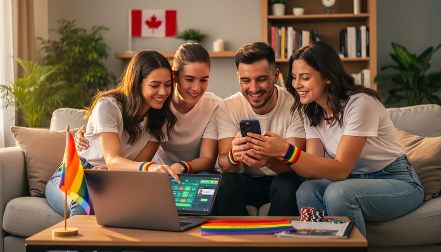 Diverse LGBTQ+ Canadian friends sitting on a living-room sofa using a laptop and smartphone to place online bets, with a subtle Pride flag and a small Canadian flag in a warmly lit home.