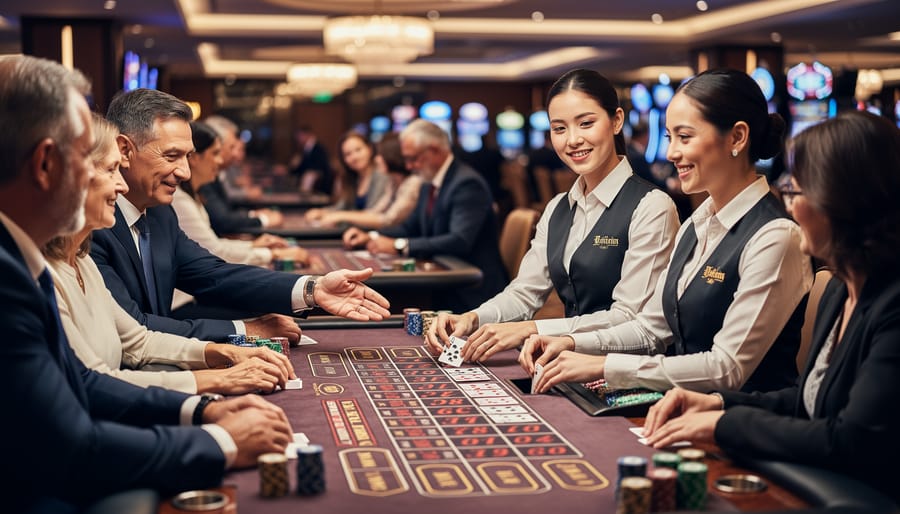 Professional casino dealer at live gaming table in welcoming studio environment