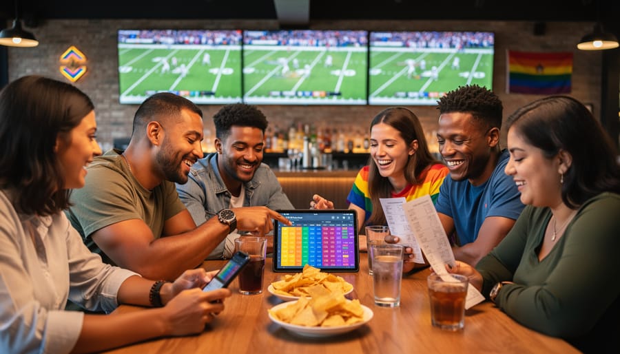 Diverse group of LGBTQ+ friends watching sports and enjoying betting together in comfortable home setting