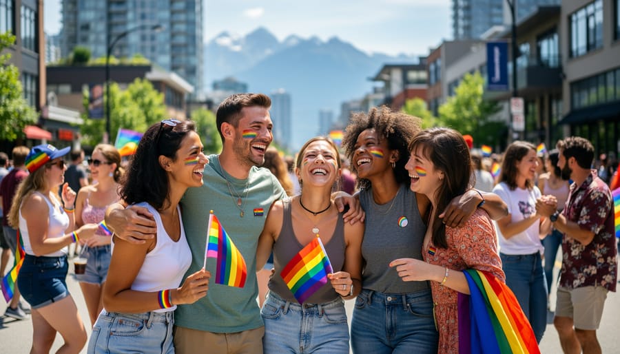 Two people embracing and celebrating together at Vancouver Pride with rainbow face paint