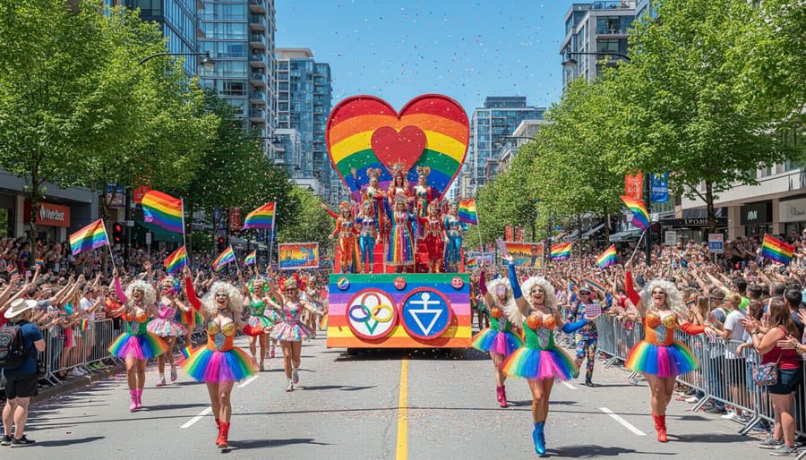 Decorated Pride parade float with performers in colorful costumes and rainbow decorations
