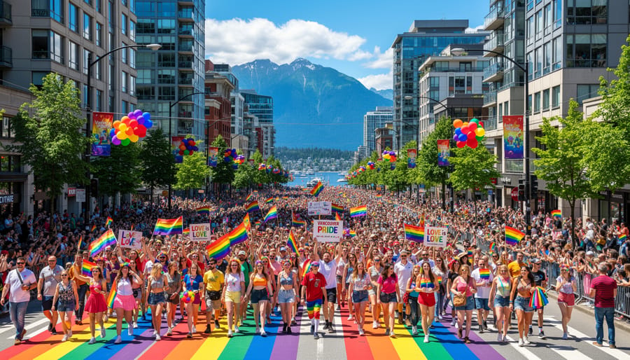 Large diverse crowd celebrating at Vancouver Pride Parade with rainbow flags and mountain backdrop
