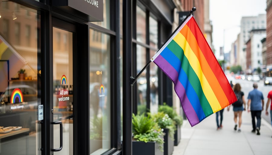 Pride flag draped on a flagpole next to an urban storefront window with no readable text.