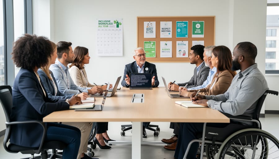 Two colleagues listening in a meeting room with an open notebook, conveying inclusive workplace culture.