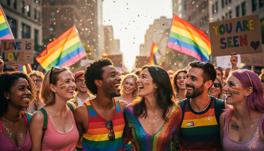 Two young adults holding hands at a Canadian Pride parade with rainbow balloons and city lights in the background