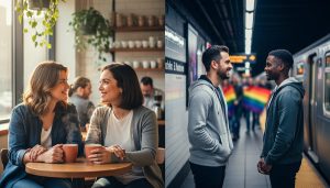 LGBTQ+ couples in urban Canadian settings share intimate eye contact, symbolizing love at first sight in everyday life.