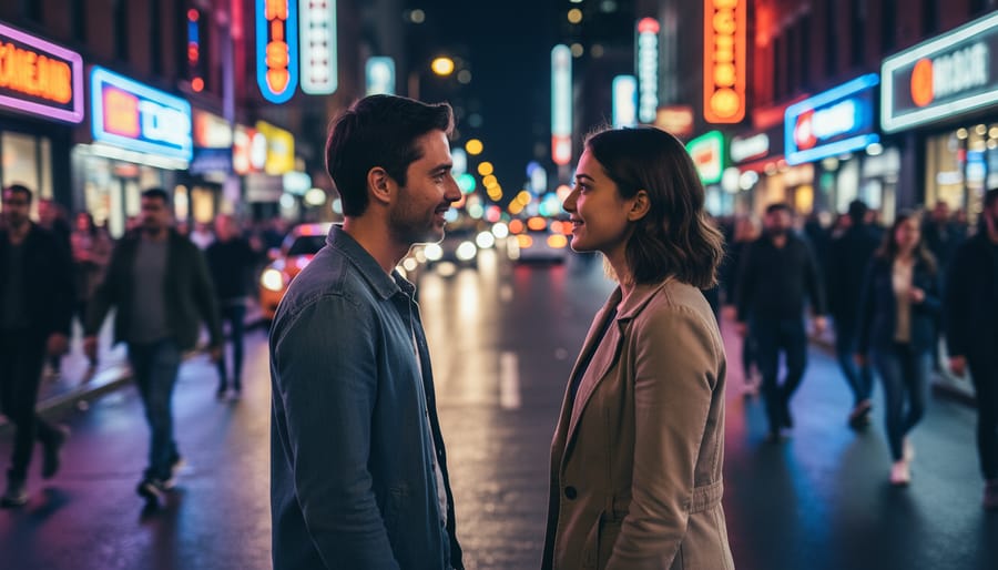 Two people making eye contact across a nighttime street with warm bar lighting behind them
