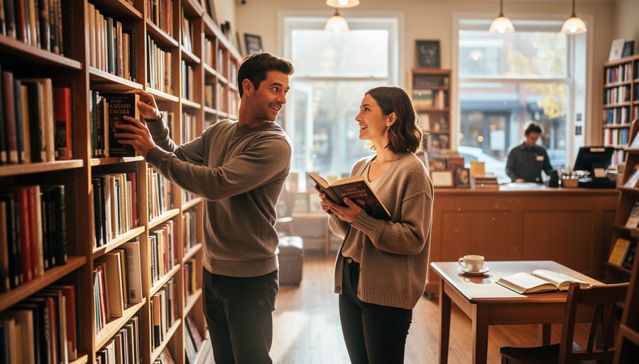 Young couple reaching for the same book in a Toronto bookstore corner with soft daylight