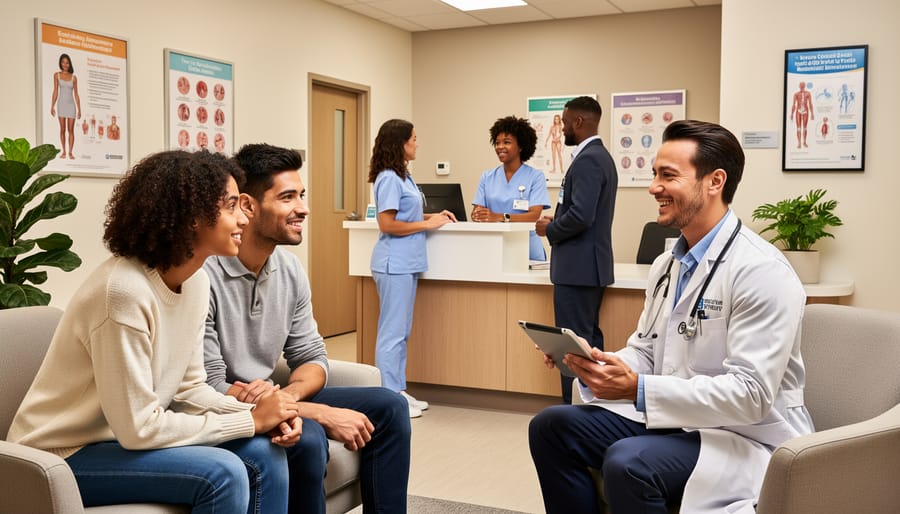 A diverse group of youth and caregivers in a bright clinic consultation room with a healthcare professional.