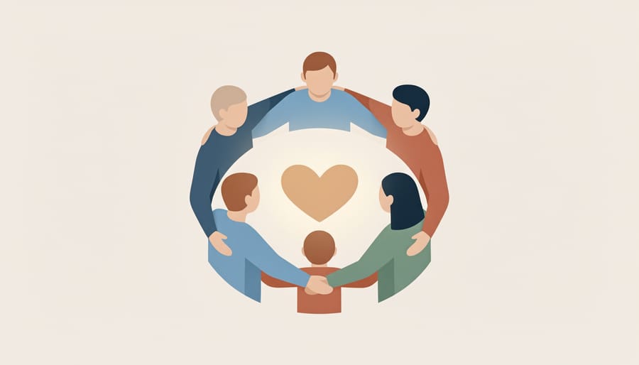 Supportive family members standing in a circle outdoors with open, welcoming body language
