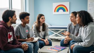 Diverse minors and supportive adults in a bright Canadian clinic consultation room, suggesting supportive, gender-affirming healthcare counseling.