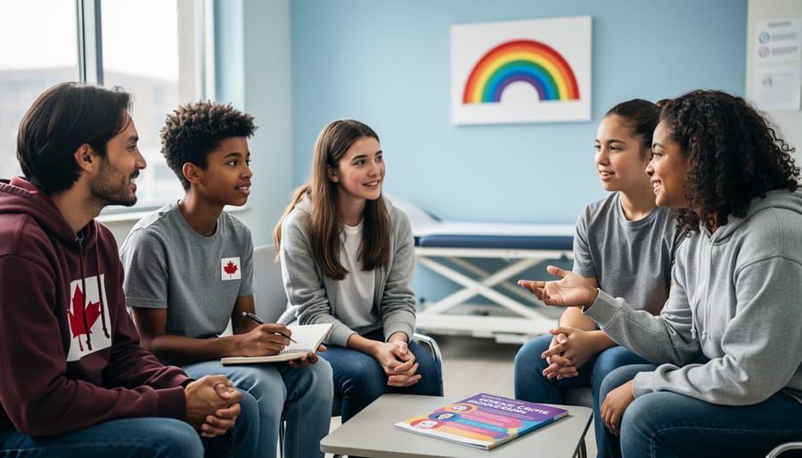 Diverse minors and supportive adults in a bright Canadian clinic consultation room, suggesting supportive, gender-affirming healthcare counseling.
