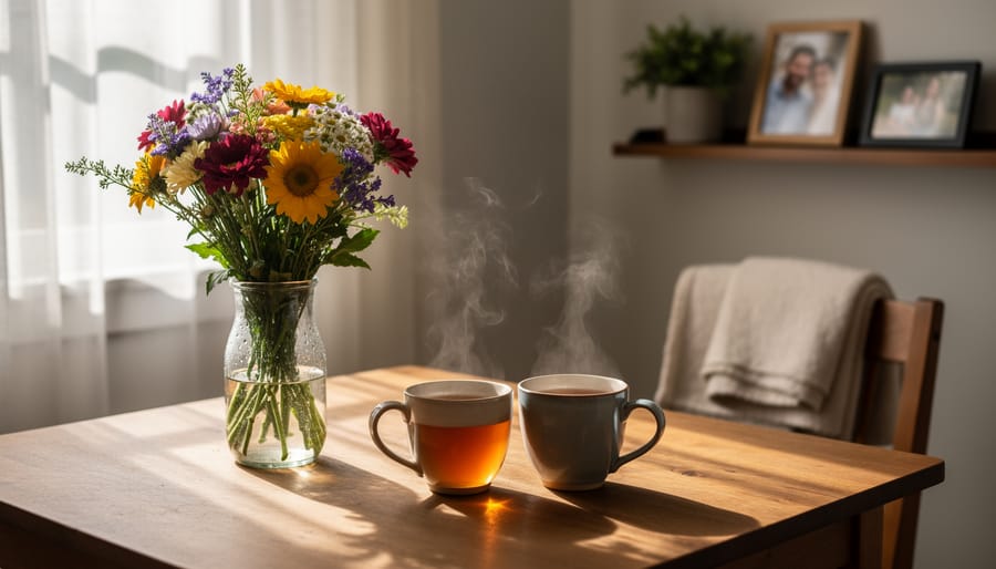 Partner reaching for a mug across a kitchen table with a small bouquet in front
