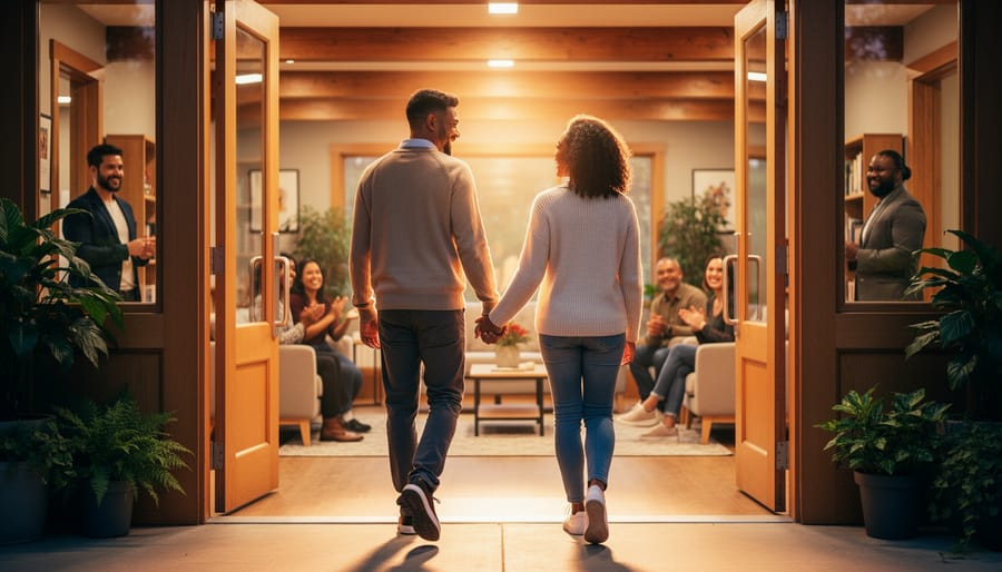 Two LGBTQ+ partners holding hands while leaving a community centre in warm light