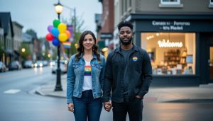 A diverse LGBTQ+ couple holding hands outdoors with warm welcoming light in the background, suggesting an inclusive community atmosphere.