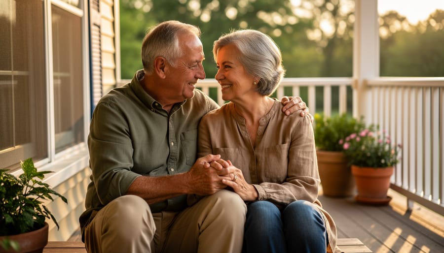 Older LGBTQ+ partners hugging on a porch during golden hour