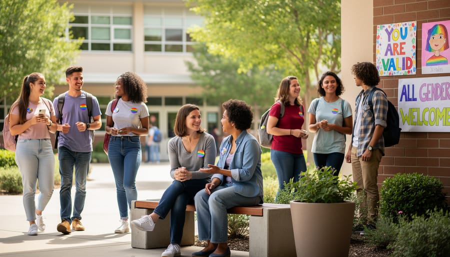 Wide view of a youth in a school hallway during golden hour with an inclusive atmosphere.