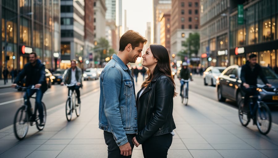 LGBTQ+ couple holding hands on a Canadian city street at dusk