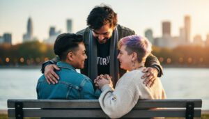 Two LGBTQ+ adults holding hands on a park bench with a community member embracing in the background during golden hour.