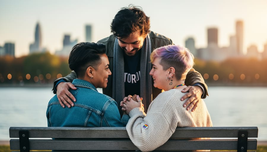 Two LGBTQ+ adults holding hands on a park bench with a community member embracing in the background during golden hour.