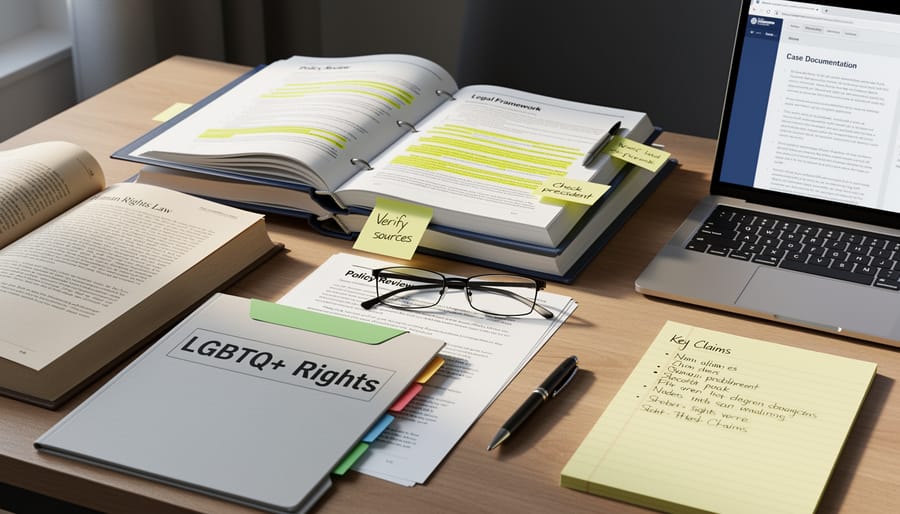 Open book and stacked legal documents on a desk with a blurred flag in the background