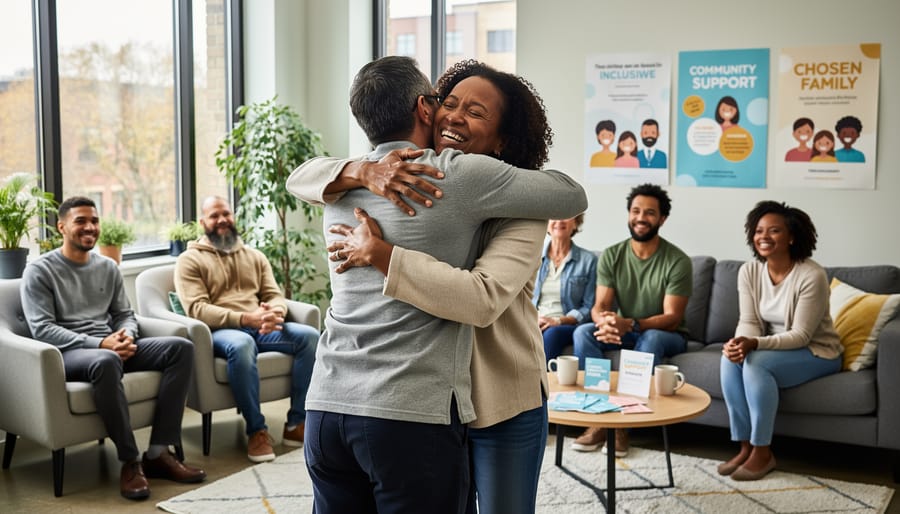 People hugging inside a cozy LGBTQ+ community center lounge