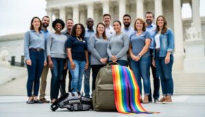 Diverse LGBTQ+ adults standing together outside a government building with subtle rainbow ribbon accents, conveying community solidarity and fact-checking context.
