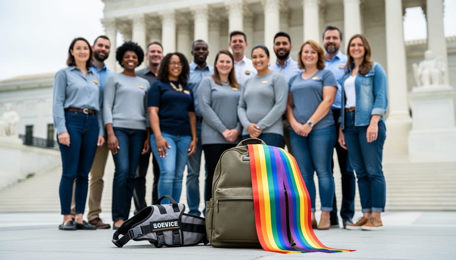 Diverse LGBTQ+ adults standing together outside a government building with subtle rainbow ribbon accents, conveying community solidarity and fact-checking context.